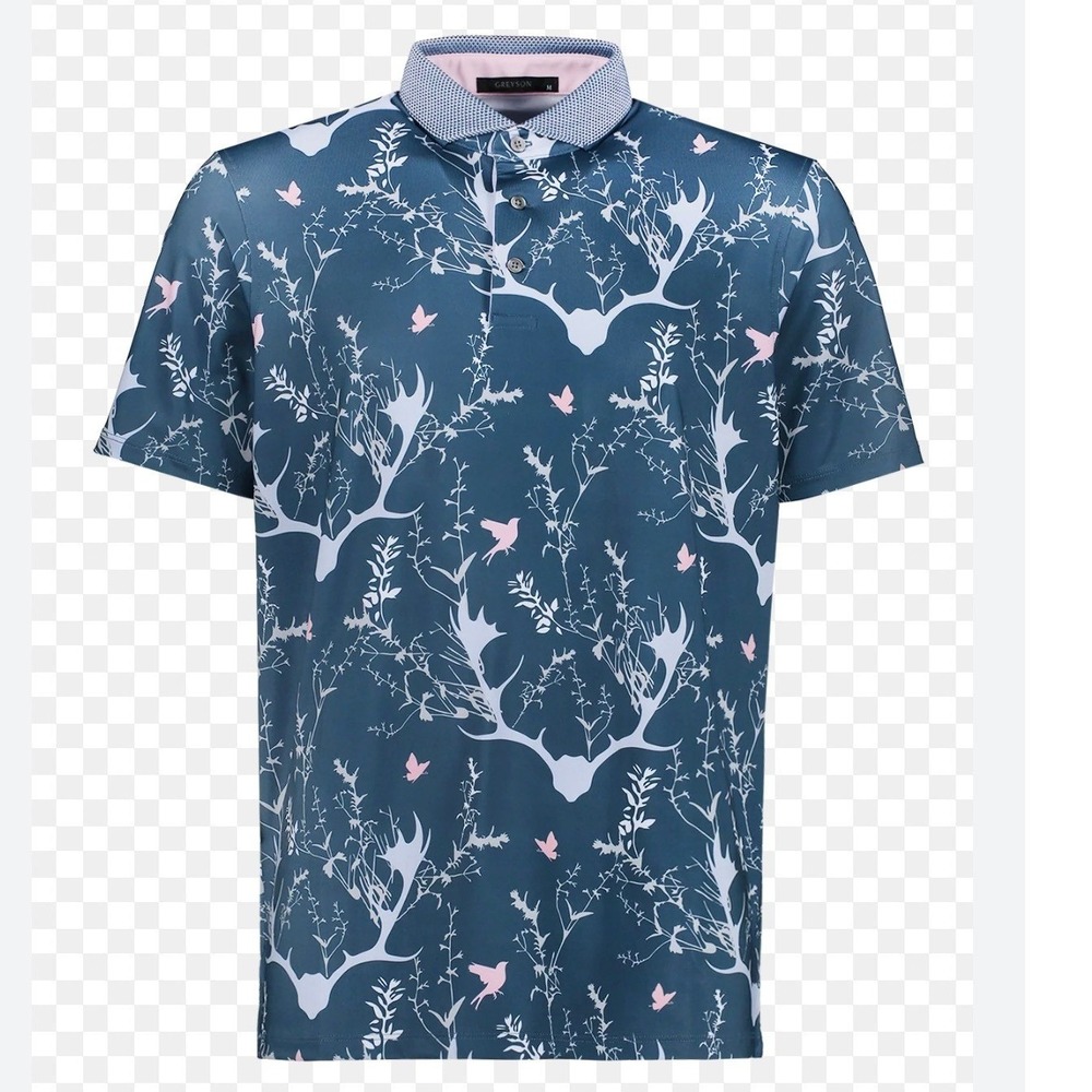 Greyson Men's Reindeer Games Polo Shirt Size Large Teal Antler Bird Print Golf